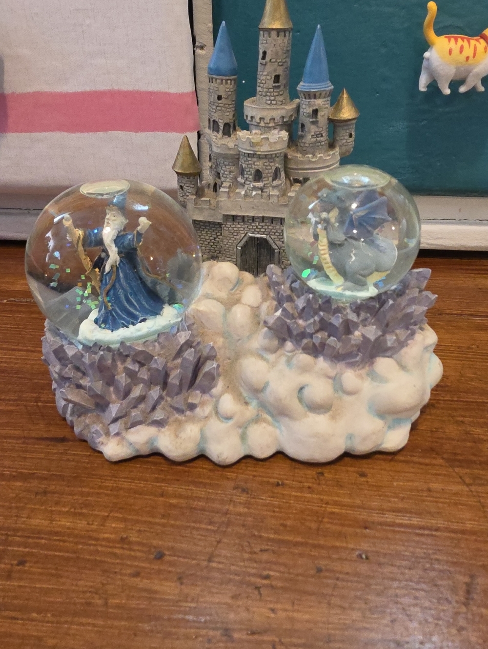 Vintage Westland Camelot musical snow globe with castle, 2 globes, wizard